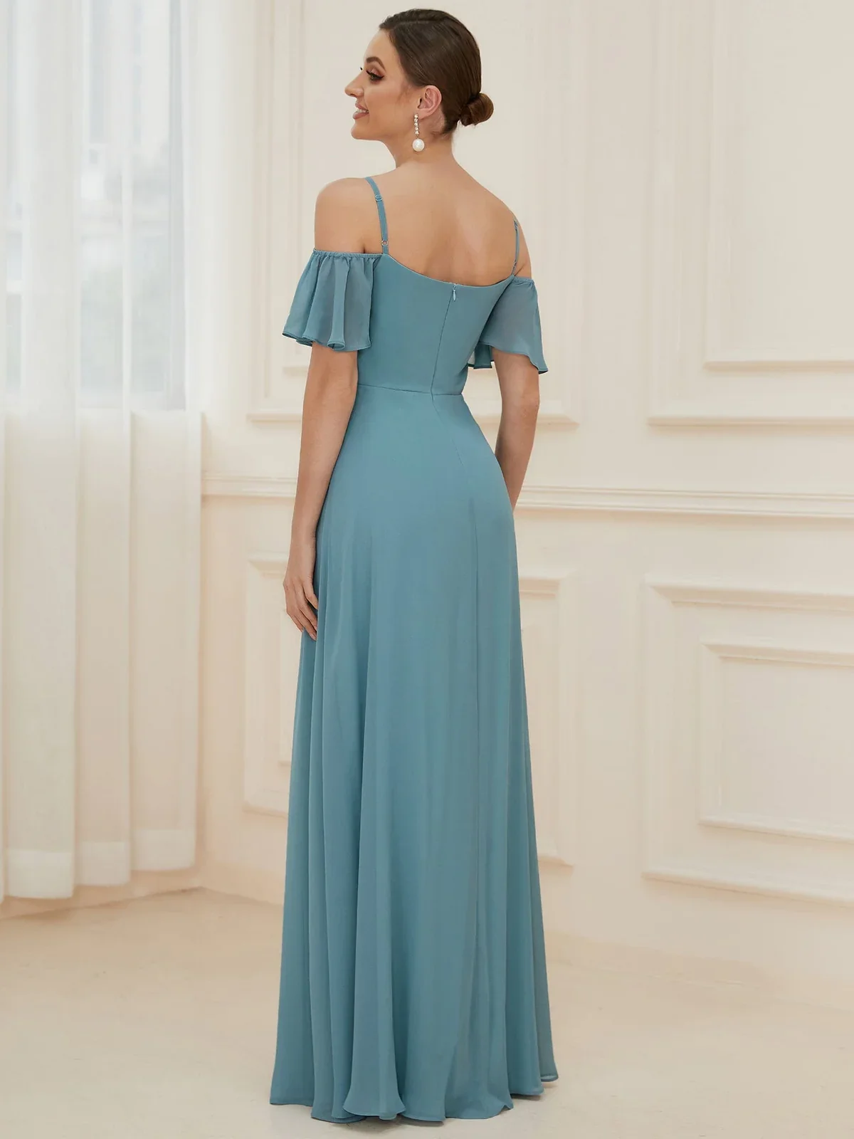 Women's Off Shoulder Short Sleeve Split A-Line Floor Length Chiffon Off-The-Shoulder Side Slit Bridesmaid Dress with sleeves