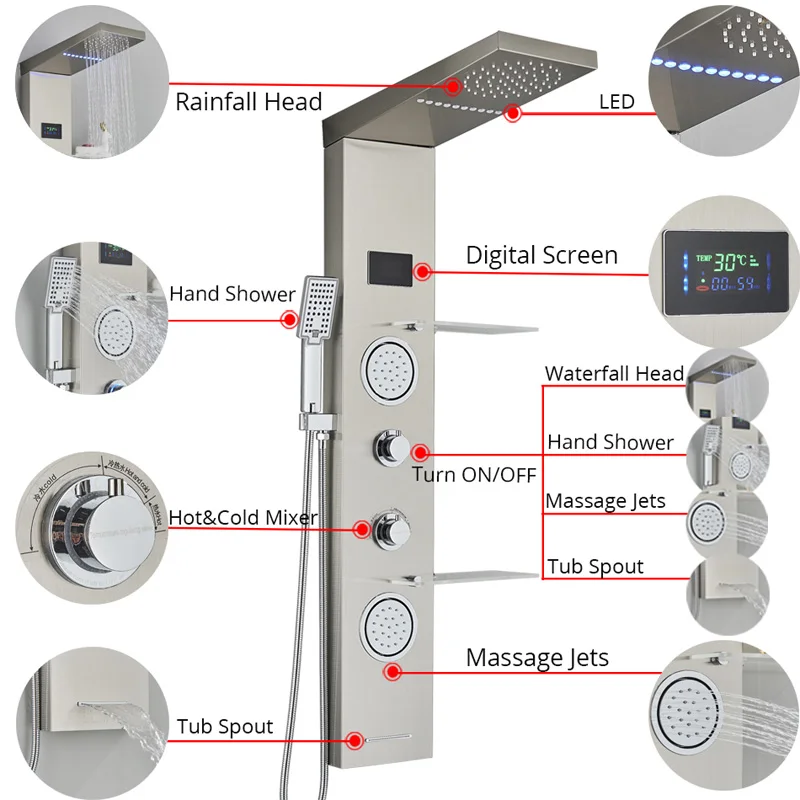 Imagem -03 - Coluna de Chuveiro de Parede em Cachoeira Spa Massage Jet Display Digital Painéis de Chuveiro Led Banheiro Venda Quente Aço Inoxidável