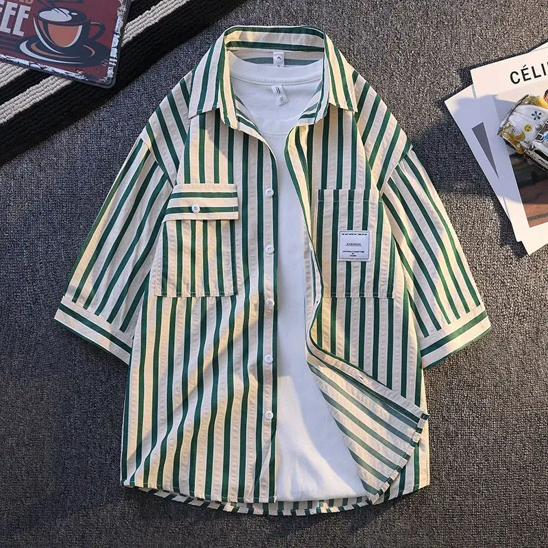 Men's Clothing Striped Short Sleeve Summer Youth New Fashion Lapel Casual Cool Five Minutes Shirt Lightweight Breathable