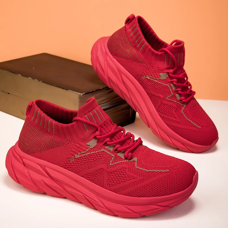 Fashion Red Running Shoes For Women Breathable Knit Sneakers Woman Comfortable High Top Platform Sneakers Women's Sport Sneakers