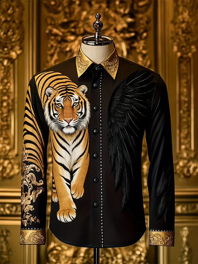 

New men's long sleeved shirt with 3D tiger print lapel button pattern casual top men's long sleeved top