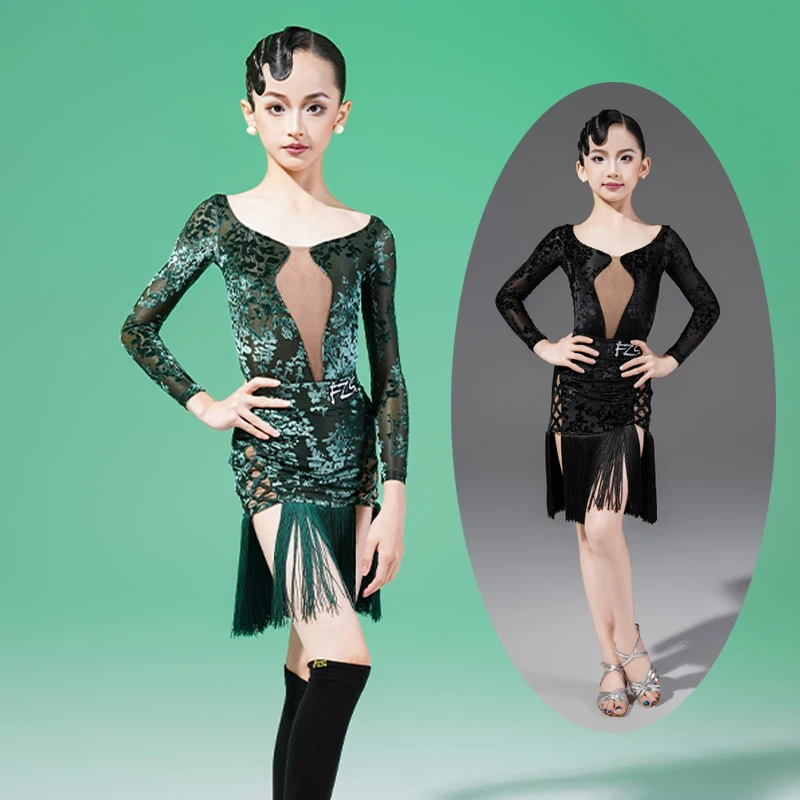 

Children Ballroom Dance Performance Costume New Velvet Mesh Latin Dance Dress Girls Long Sleeves Latin Dance Tassesl Dress 14310