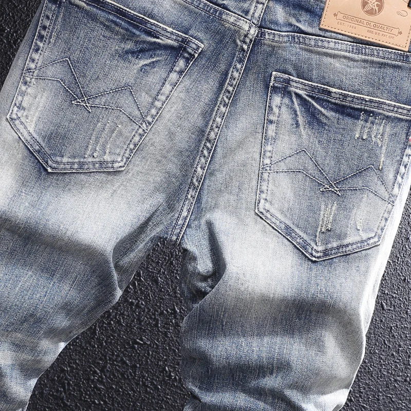 Italian style fashionable men's jeans retro light blue elastic slim fit slit jeans men's pants retro designer slit denim pants H