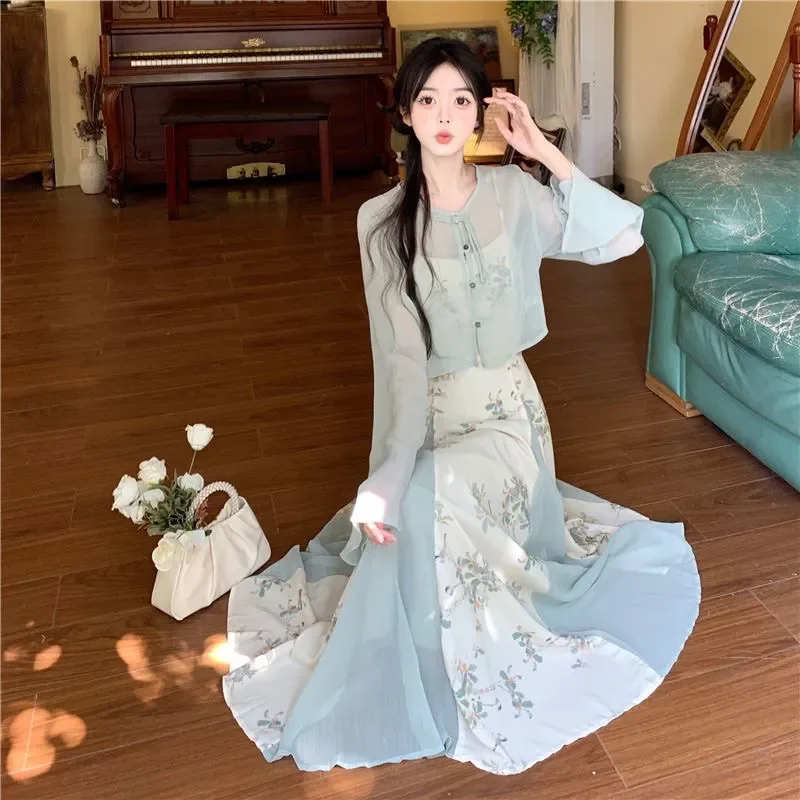 

Women's Chinese Style 2-Piece Floral Dress Set Sheer Cardigan Maxi Dress