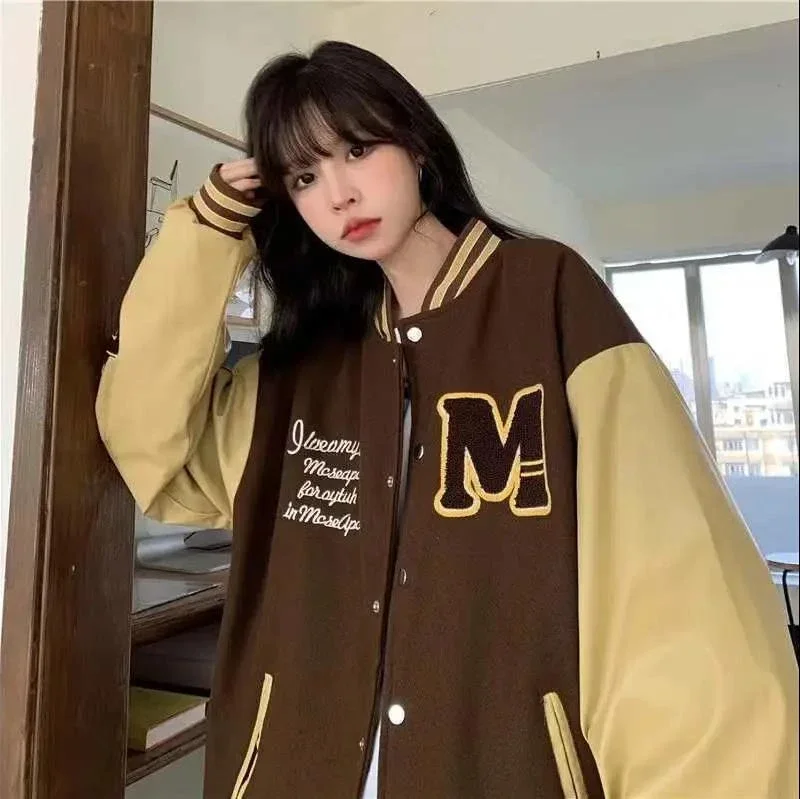 Retro Street Brown Letter Print Baseball Jacket Women\'s Autumn Loose Long-sleeved All-match Vintage Stitching Thin New Coat