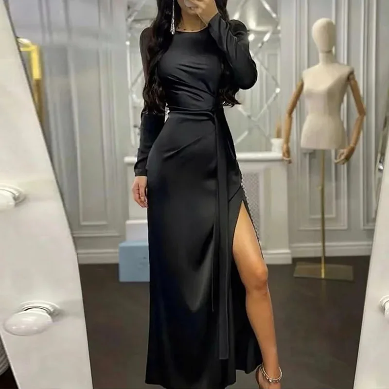 Women Sexy High Slit Satin Party Dress Office Fashion Lace-Up Boadycon Long Dresses Elegant O Neck Long Sleeve Solid Maxi Dress