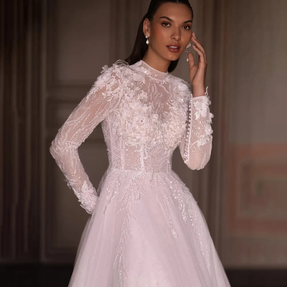 New Delicate A Line Wedding Dresses O-neck Long Sleeve Glistening Bridal Gowns Customized Appliques Lace Party Clothing 2024