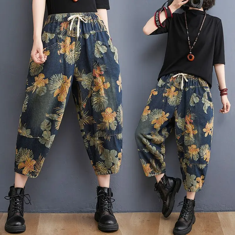 

Женские летние модные свободные винтажные укороченные брюки с высокой талией и принтом, женская одежда, повседневные универсальные трендовые джинсы