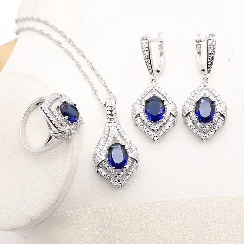 Blue Silver 925 Sapphire Jewelry For Woman Drop Earrings Set Pendants Ring Bracelets Bangles Wedding Party Jewel Jewellery