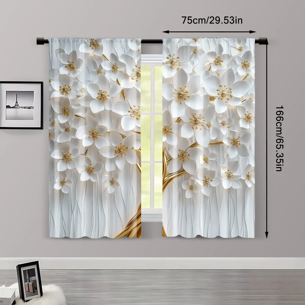 2pcs, Popular Curtain Panels 2D print White Floral Print Versatile Polyester (without rod) Holiday for Kitchen Living Room - Image 3