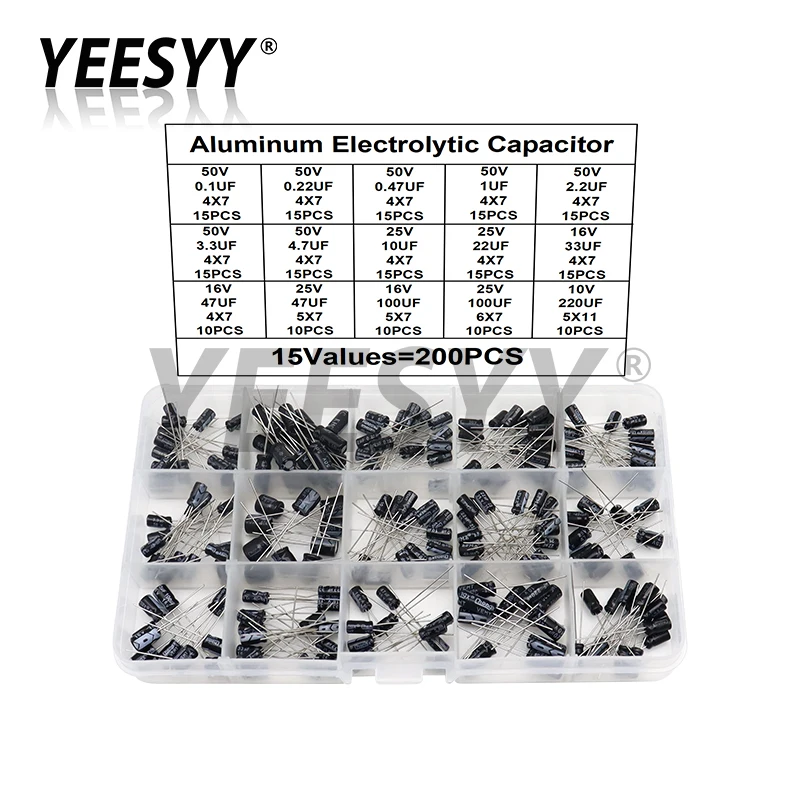 200pcs Electrolytic Capacitor Assorted Kit 15Values 0.1UF - 220UF 10V 16V 25V 50V 100UF 47UF 22UF 10UF Aluminum Capacitance Box