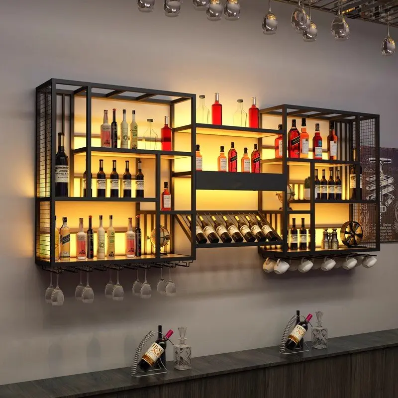 

Iron Wall-Mounted Bar Wine Cabinet Industrial Wind Rack Display for Restaurant Wood Panel Wall-Mounted Wine Rack