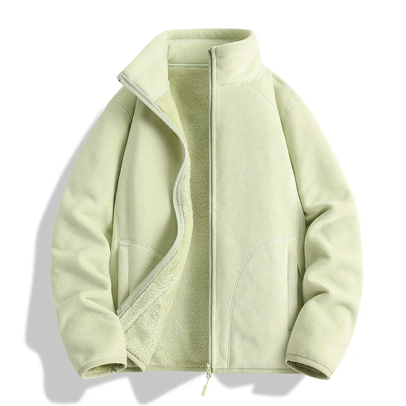 Herbstliche, leichte, beidseitig gefütterte Fleecejacke, Unisex, mit Stehkragen, dick, warm, mit flauschigem Innenfutter, Herren- und Damenmodell, thermische Oberbekleidung. – Detail 6
