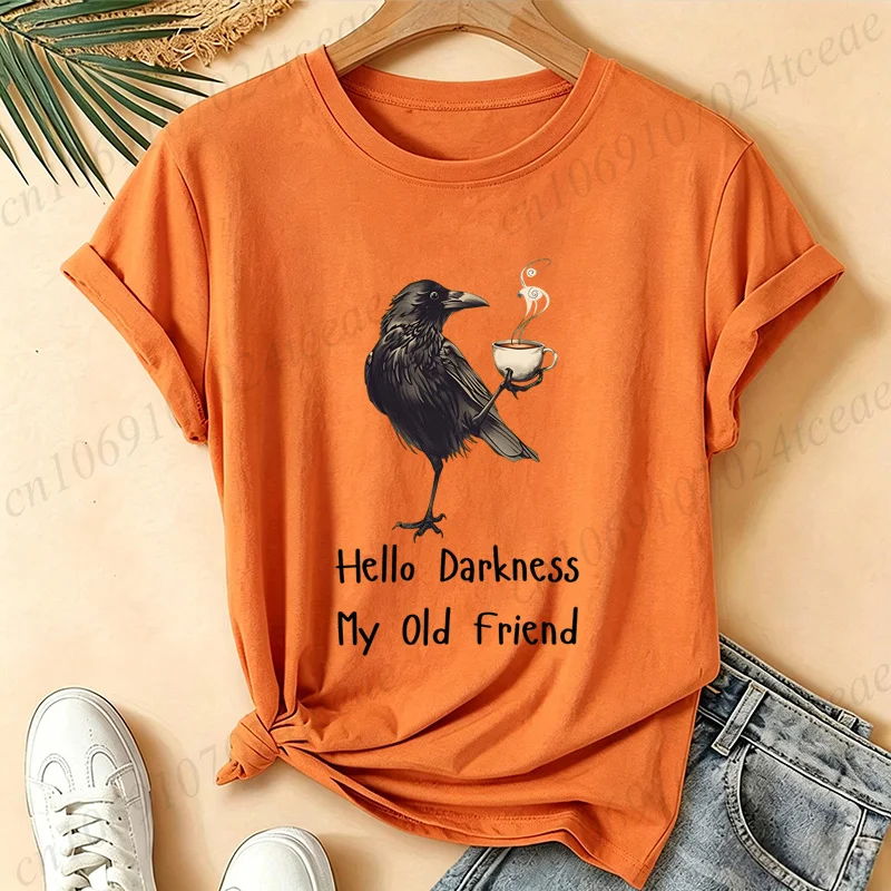 Damen-T-Shirt „Hello Darkness My Old Friend Crow“ mit Kaffeemotiv, Vintage-T-Shirt, Gothic-Raben-Print, kurzärmelig, lässiges Streetwear-Oberteil – Detail 4