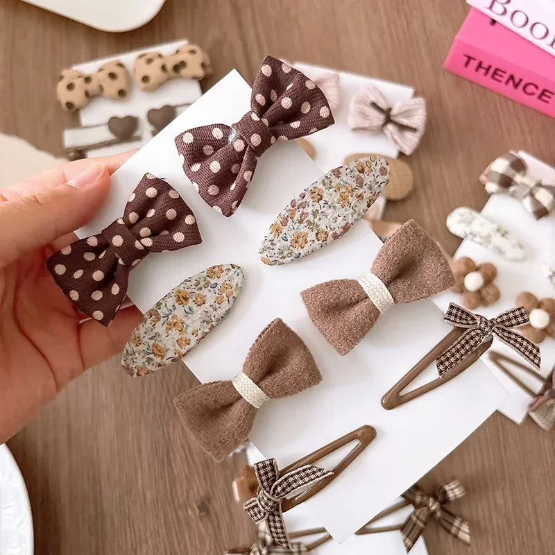 8pcs/set Cute Fashion Kids Girl Hair Clip Beige Coffee Color Floral Bow Hair Tie Fabric Hair Pin Baby Girl Hair Accessories