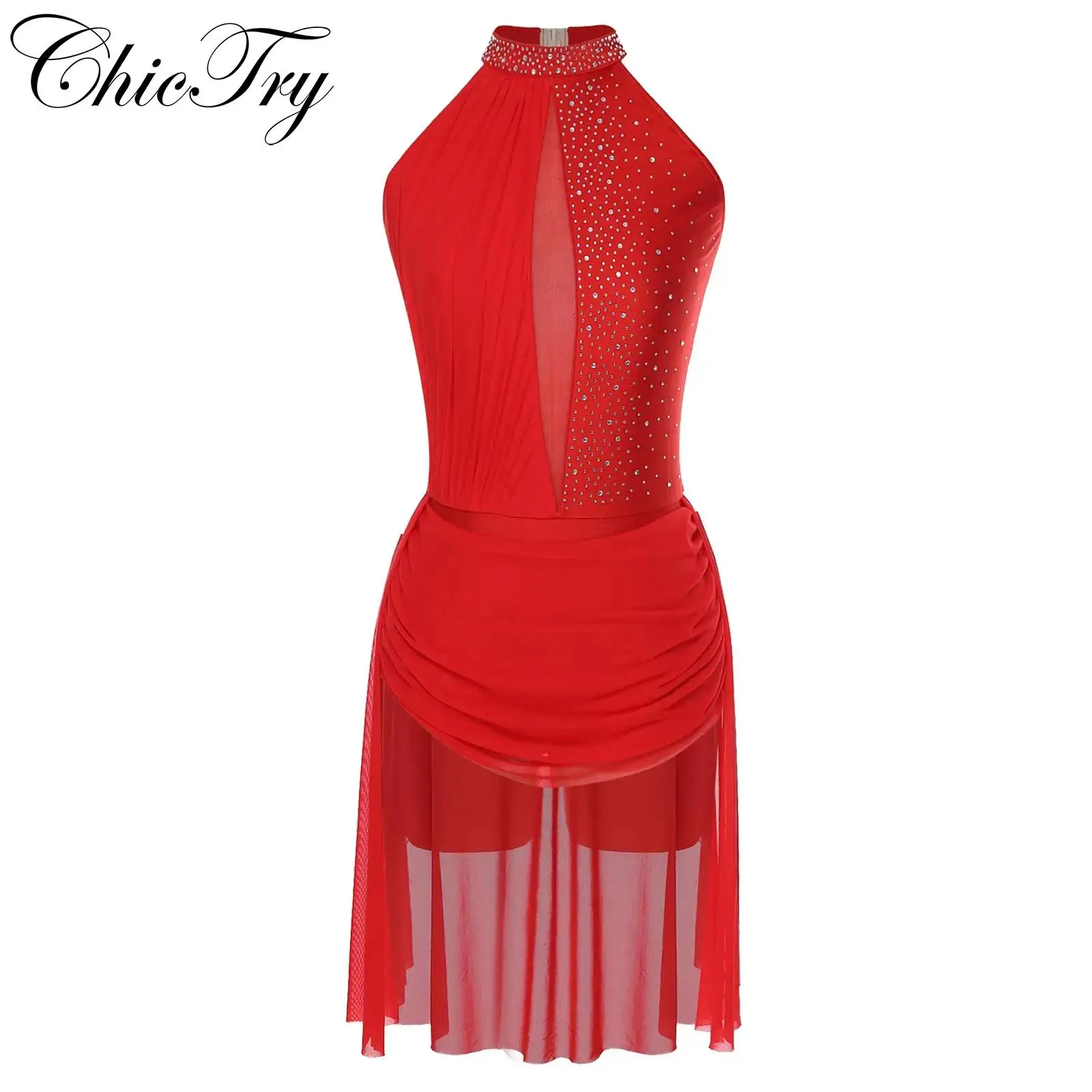

Womens Ballet Gymnastics Dress Halter Sleeveless Backless Sheer Mesh Rhinestones Asymmetrical Dress Figure Skating Dancewear