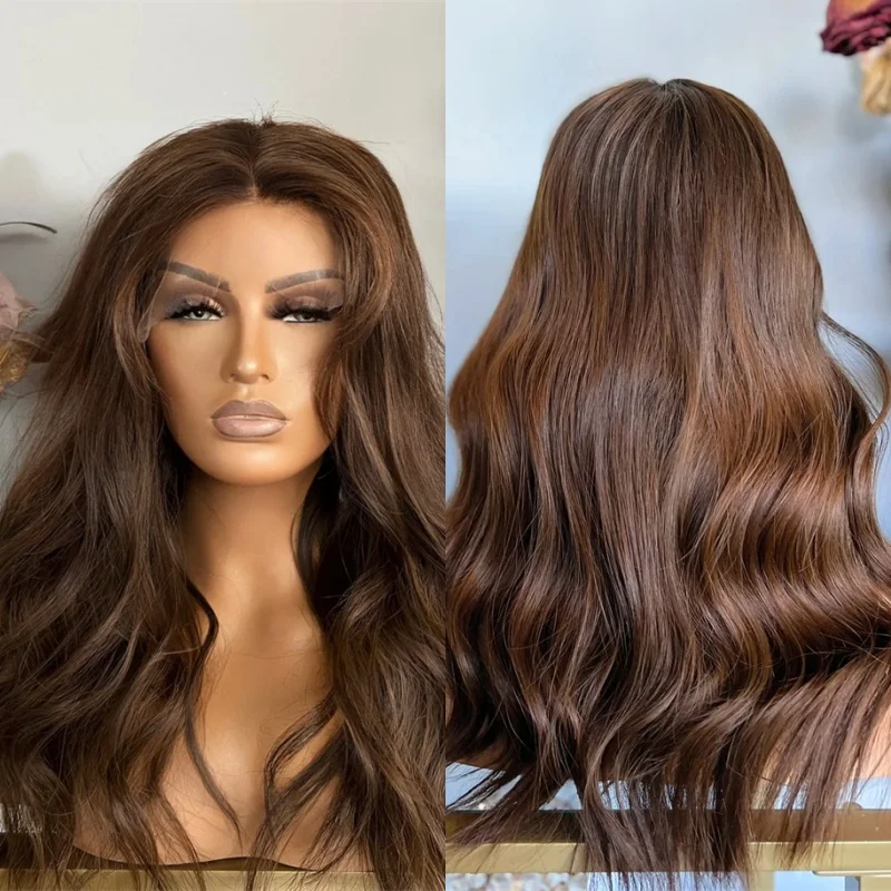 High Quality Wig Ombre Chocolate Brown Balayage Luxury Synthetic Lace Front Wig HD Glueless Wig Soft Long Body Wave Wig 28 Inch