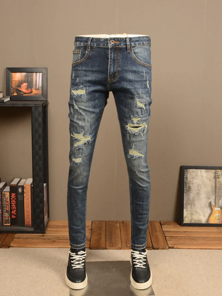 

Retro Make Old Ripped Jeans 2024 New Men's Street Handsome Stretch Slim Patch Skinny Casual Ankle Banded Pants