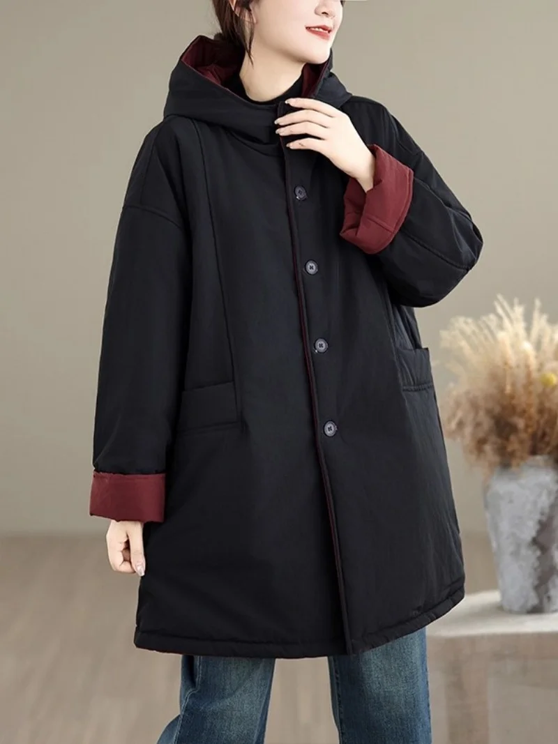 

Двусторонние куртки, зимняя женская модная индивидуальная хлопковая одежда средней длины, толстая теплая свободная куртка с капюшоном, модное пуховое пальто W1186