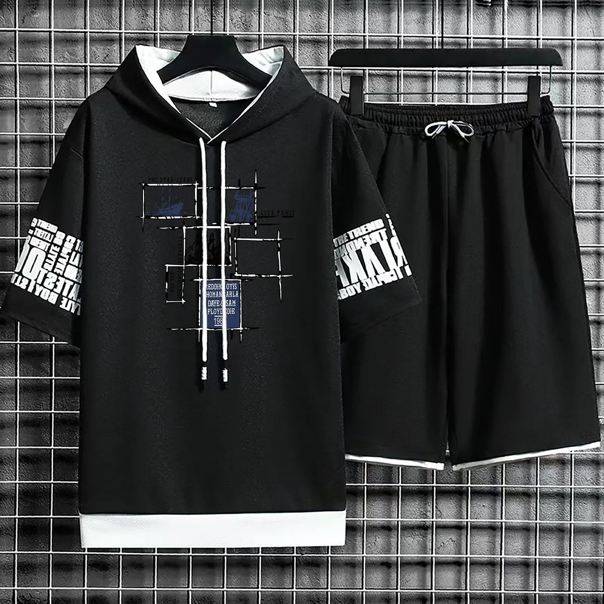 Hoodies Set Shorts Pullover Hat Summer Suits Casual T Shirt Clothing for Men T-shirt Hood Print Hoodie Men New Top Short Sleeve