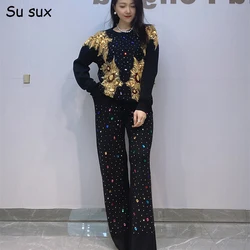 Colorful Diamond Embroidered Knitshirt Sweater Wide Leg Pants Sets Women 2 Pieces Y2k Clothes Pullover O Neck Oversized Outfits