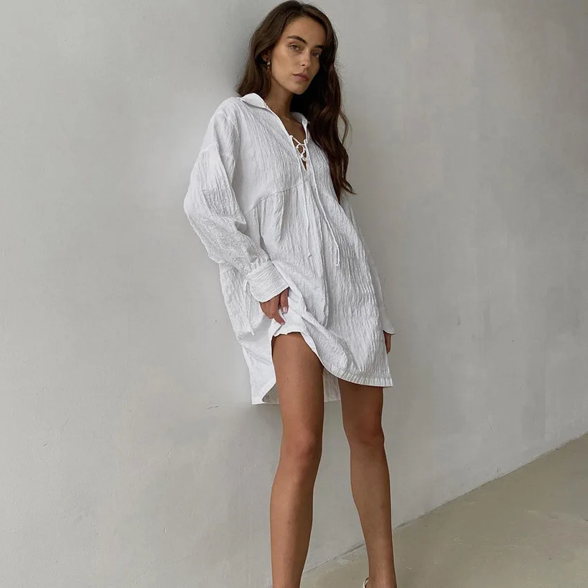 Autumn Long Sleeve Nightdress Solid Cotton Linen One-Piece Loose Skirt Simple Sexy Home Sleepwear Elastic Band Collar Pajamas