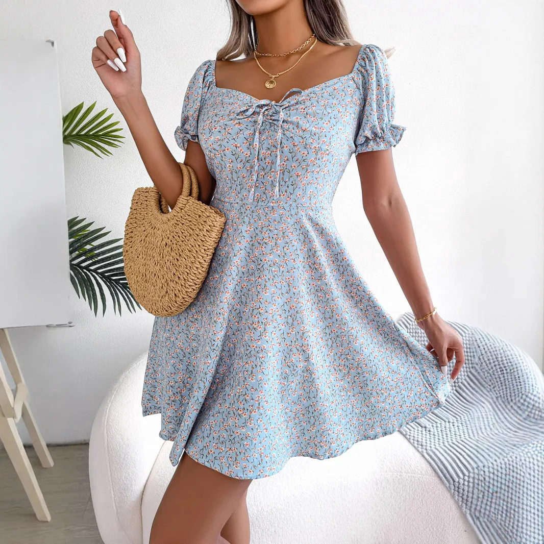 

Elegant Women Chiffon Mini Comfortable Dress Flare Sleeve Square Neck Ruffled A Line Breathable Print Floral Classic Dresses