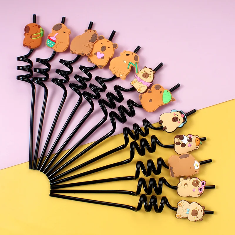 12 stuks cartoon capibara herbruikbare spiraalrietjes, papyrus hagedis thema rietjes voor decoratie, voor feest, verjaardag voor drinkfeest