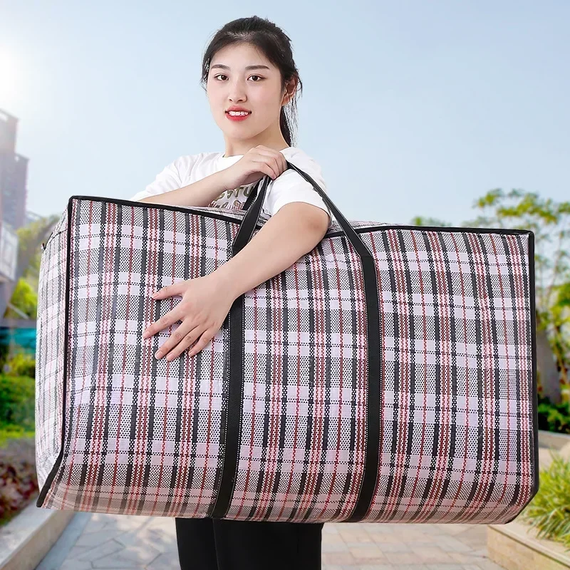 Stripe Woven Bag Large Capacity Storage Moving Bags Clothes Quilt Blanket Luggage Packing Package Zipper Tote Home Organizer