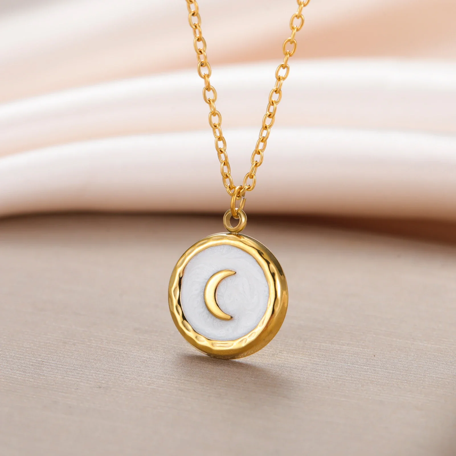 Skyrim Crescent Moon Necklace for Women Trendy Stainless Steel Gold Color White Enamel Round Pendant Necklace Gift Wholesale
