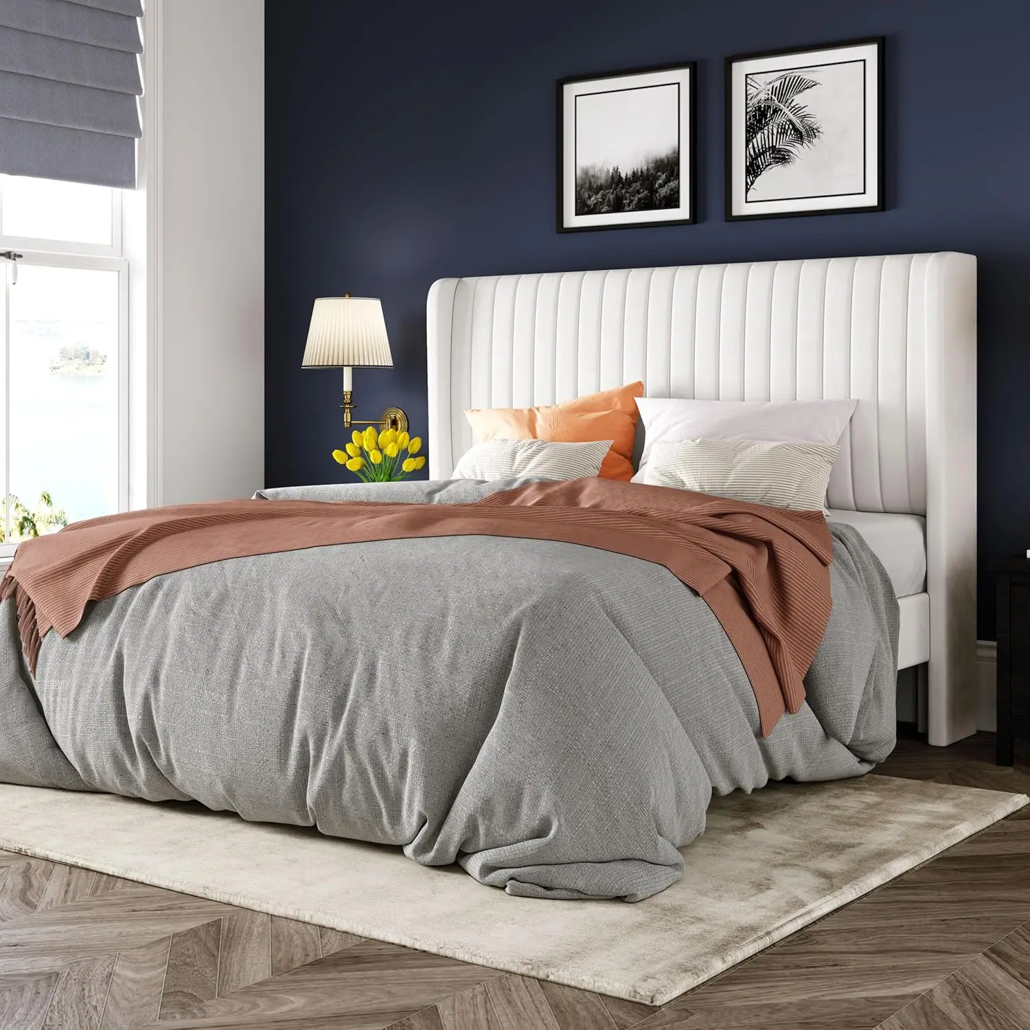 

Allewie Full Size Velvet Bed Frame/Vertical Channel Tufted Wingback Headboard/Upholstered Platform Bed/Strong Wooden Slats/No Bo