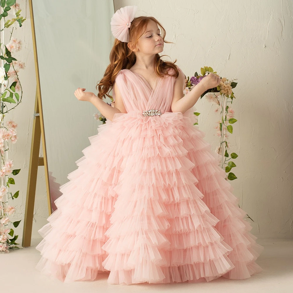 

Pink Baby Girl Dress Tulle Puffy Flower Girl Dress Train Child Pricess Dress For Girl Birthday First Communion Gowns