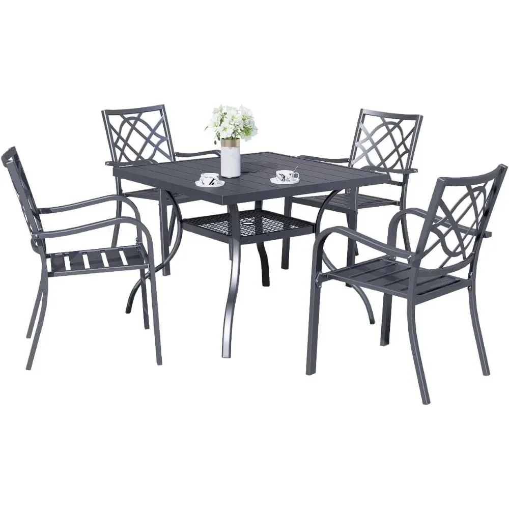 

Outdoor Wrought Iron Chairs and Table Patio Dining Furniture Stackable Metal Chairs, Steel Slat Bistro Table