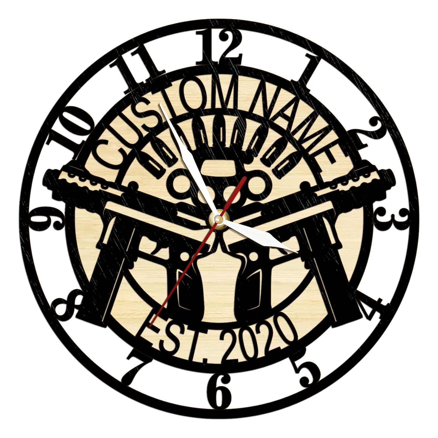 Custom Guns Handguns with Bullets Rustic Timber Wood Clock for Man Cave Personalized Ammo Wooden Wall Clock Gun Enthusiast Gift