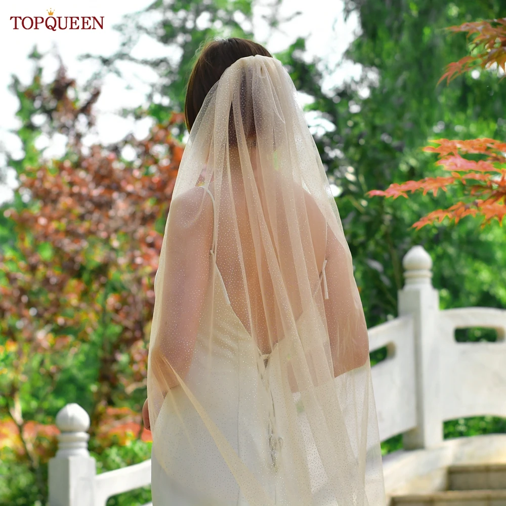 TOPQUEEN V101 Champagner-Glitzer-Hochzeitsschleier, goldener, funkelnder Brautschleier, 1-stufiger Kathedralenlanger Schleier, glitzerndes Braut-Accessoire – Detail 7