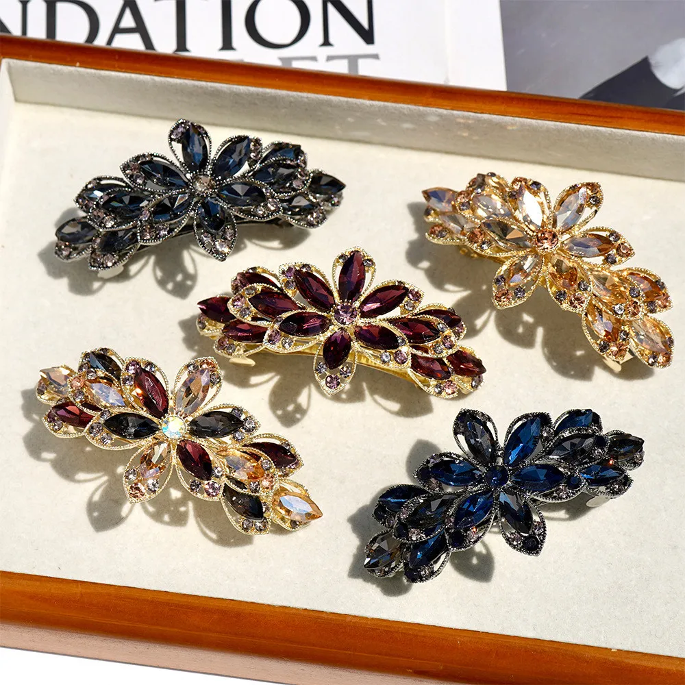 Korean version of flower crystal spring hair clips for women\'s fashion retro elegant ponytail horizontal chuck headdress jewelry
