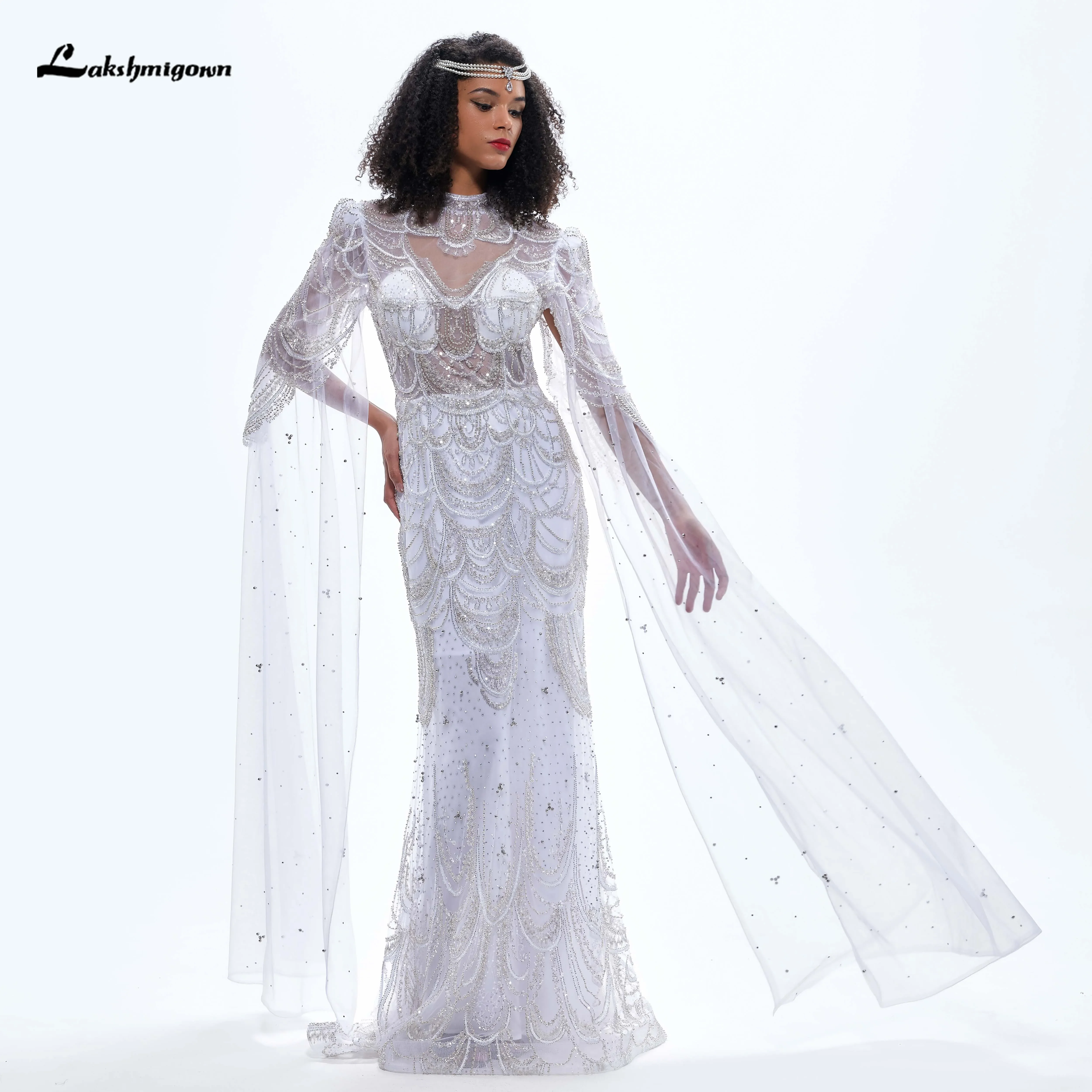 

Lakshmigown Luxury High Neck Long Sleeves Beading Mermaid Evening Prom Dress For Women vestidos para mujer elegantes y bonitosCu