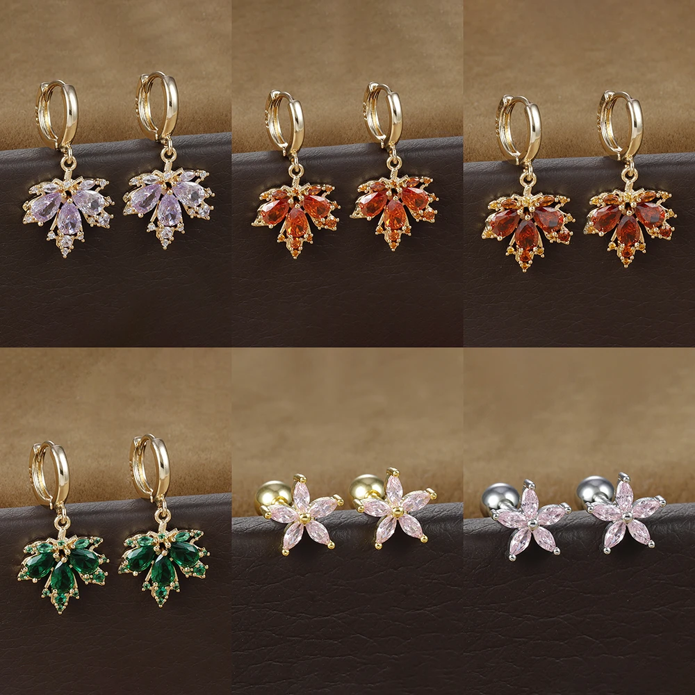 2PCS Vintage Crystal Zircon Maple Leaf Piercing Earrings Temperament Rhinestone Stainless Steel Hoop Earring Party Jewelry Gift