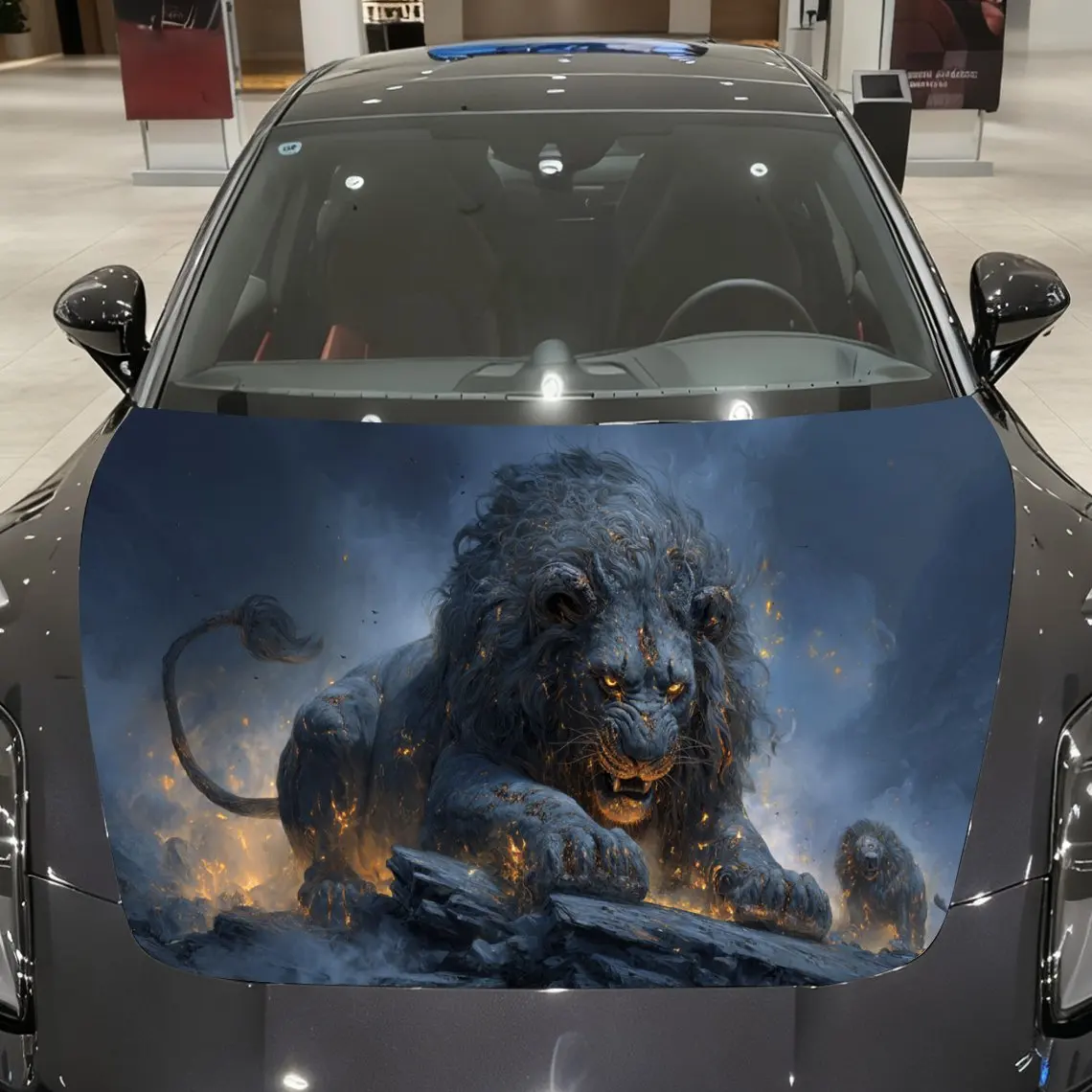 Flame Rock Blue Lion Dominates Misty Plain Car Vinyl Wrap, PVC Material Waterproof Car Hood Sticker, Self-Adhesive Scratch-Resis