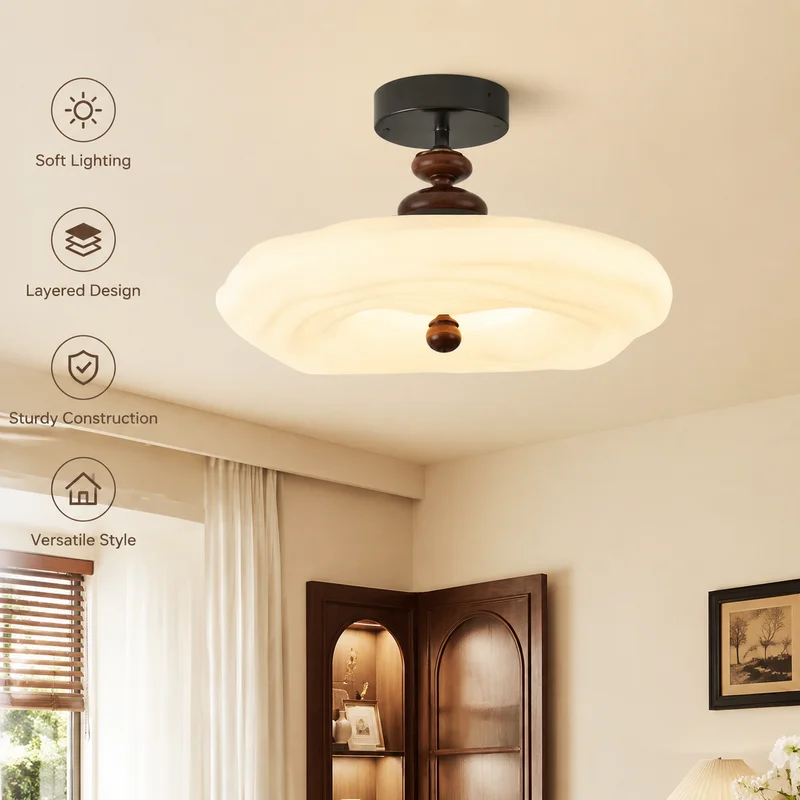Ceiling Light Mid Century Cream Vintage Wood Grain Full Spectrum LED Flush Mount for Bedroom Kids Room Eye Care Home Decor Lamps
