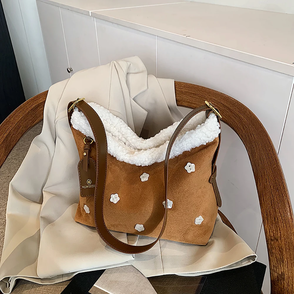 

Women Lambswool Patchwork Crossbody Bag Autumn Winter Vintage Frosted Pu Large Capacity Tote Bags Commute Single Shoulder Packs