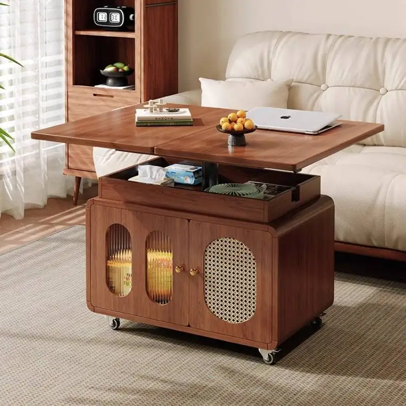 โต๊ะกาแฟไม้วอลนัทสุดหรู ตกแต่งอย่างมีระดับ พร้อมที่เก็บของเคลื่อนที่ โต๊ะกาแฟวินเทจสำหรับห้องนั่งเล่น โต๊ะหวาย Mesa De Centro Sala