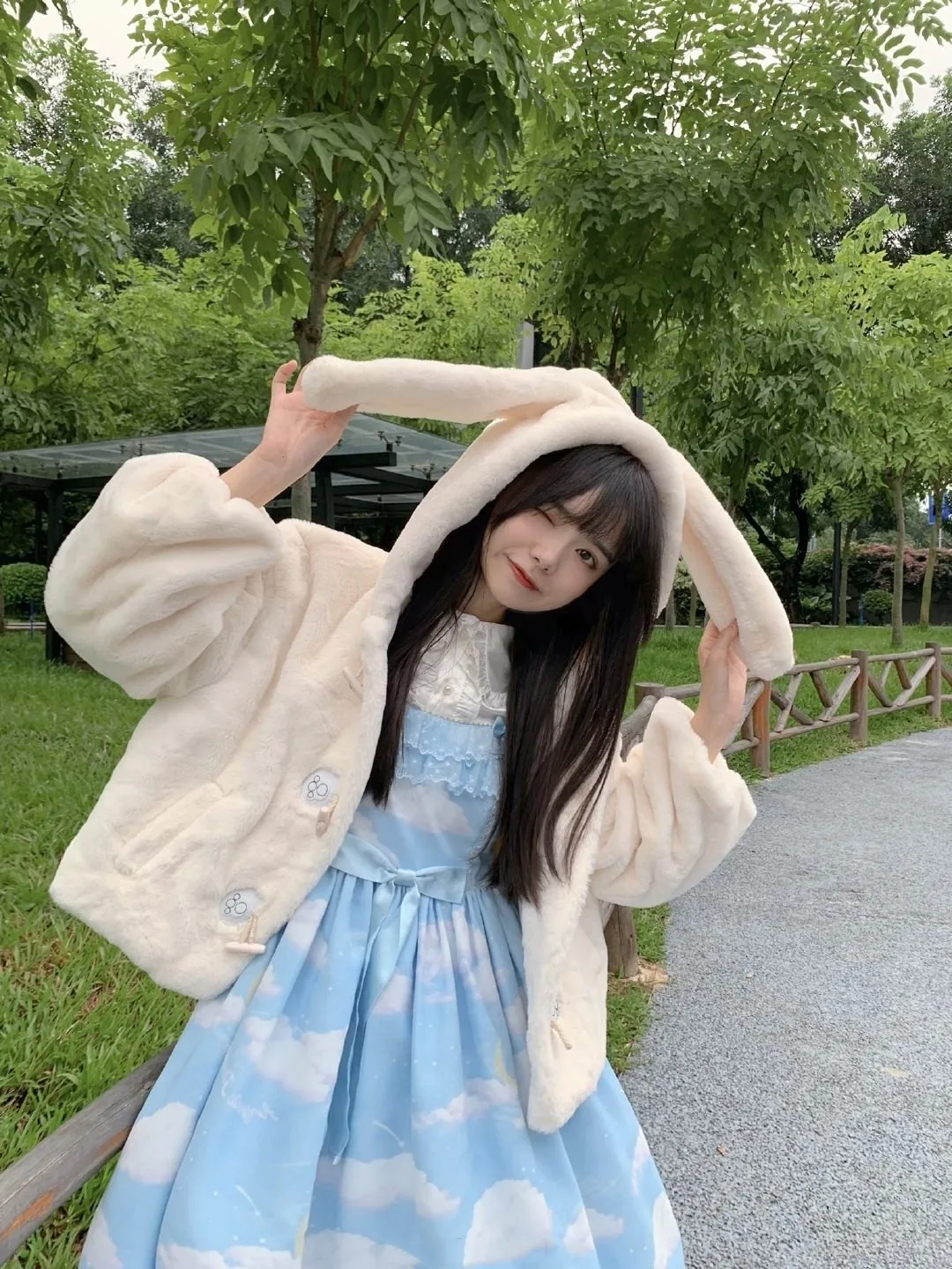 Japanese Style Sweet Lolita Long Faux Fur Autumn Winter Women's Warm Thickened Loose Slim Cute Rabbit Ears Hooded Fur Coats