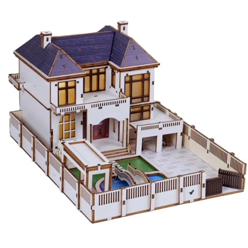 

DIY 3D Wooden Modern Villa Miniature Model Kits with Lights Assembly Jigsaw Puzzles for Friends Birthday Gifts