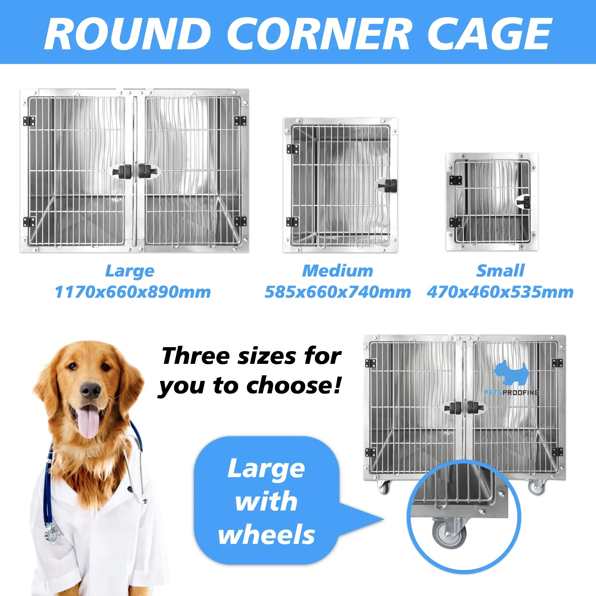 Petsproofing Animal Kennel Cage Plastic Groomers Vet Cage And Large Dogs Pet Playpen With Four Wheels