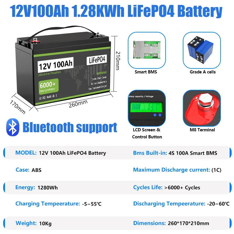 LiFePO4 12V 24V 100AH 200AH Battery Pack Lithium Solar Batteries 6000+ Cycle With Bluetooth BMS Grand A Cells For RV Boat NO TAX