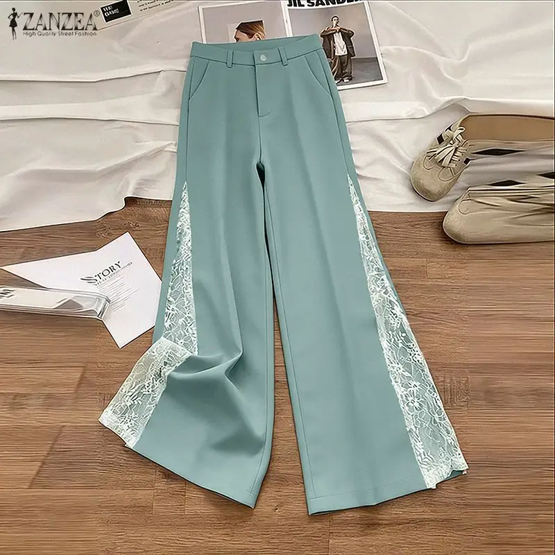 2026 ZANZEA أزياء من الدانتل بنطلون المرأة طويلة بنطال ذو قصة أرجل واسعة المرقعة عالية الخصر أنيقة عادية فضفاض مكتب بنطلونات الشارع الشهير #3