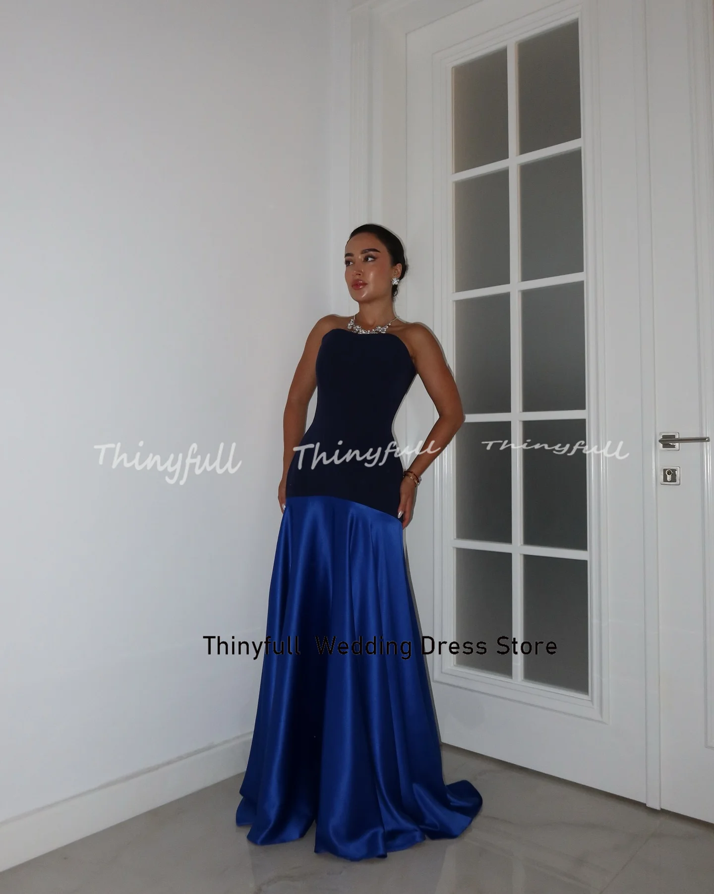 Thinyfull 새틴 머메이드 댄스 파티 드레스 민소매 아랍어 이브닝 드레스 우아한 두바이 공식 이벤트 가운 Robe De Soirée 맞춤형