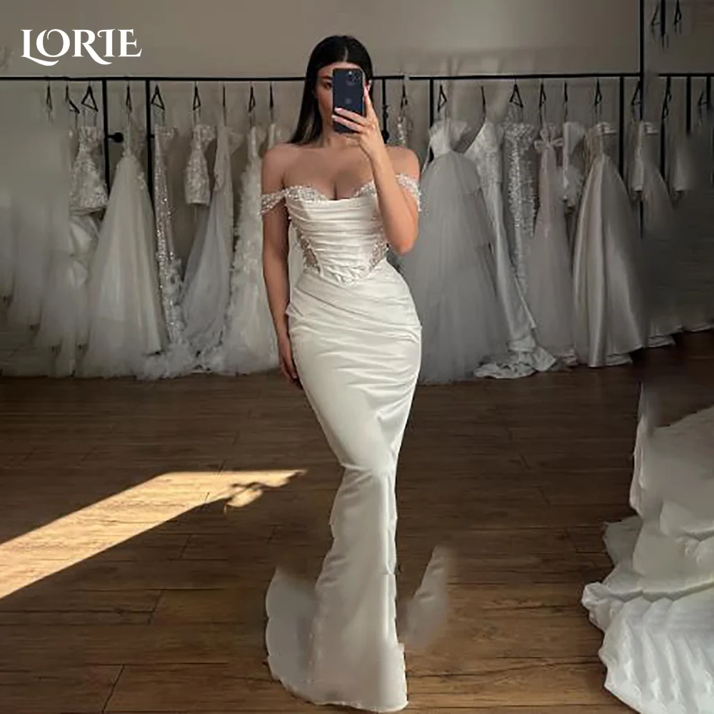 

LORIE Pleats Mermaid Wedding DressSweetheart Lace Backless Bobycon Bride Dress Off-Shoulder Sweep Tail Bridal Gowns Customized