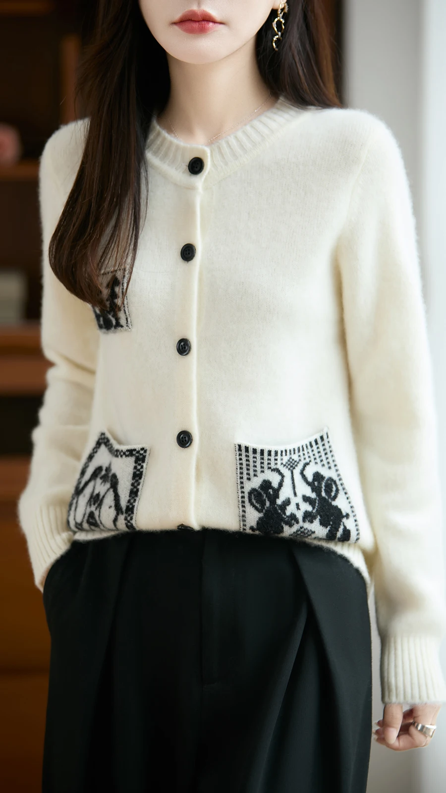 Thickened round neck 100 pure wool cardigan women's color matching pocket knitted cashmere loose sweater coat
